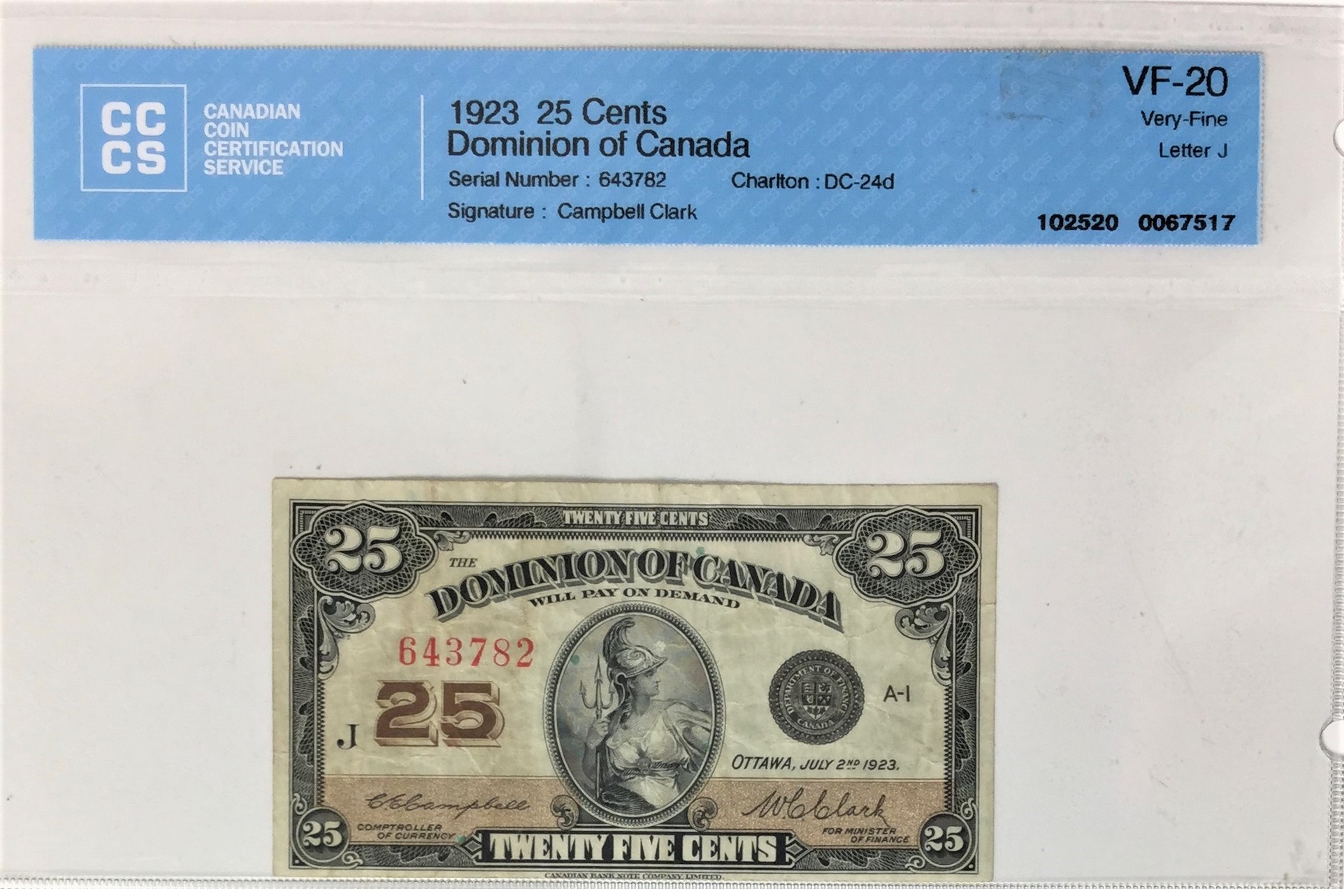 1923 Dominion Of Canada 25 Cents, DC-24d - CCCS Graded VF 20 serial 643782
