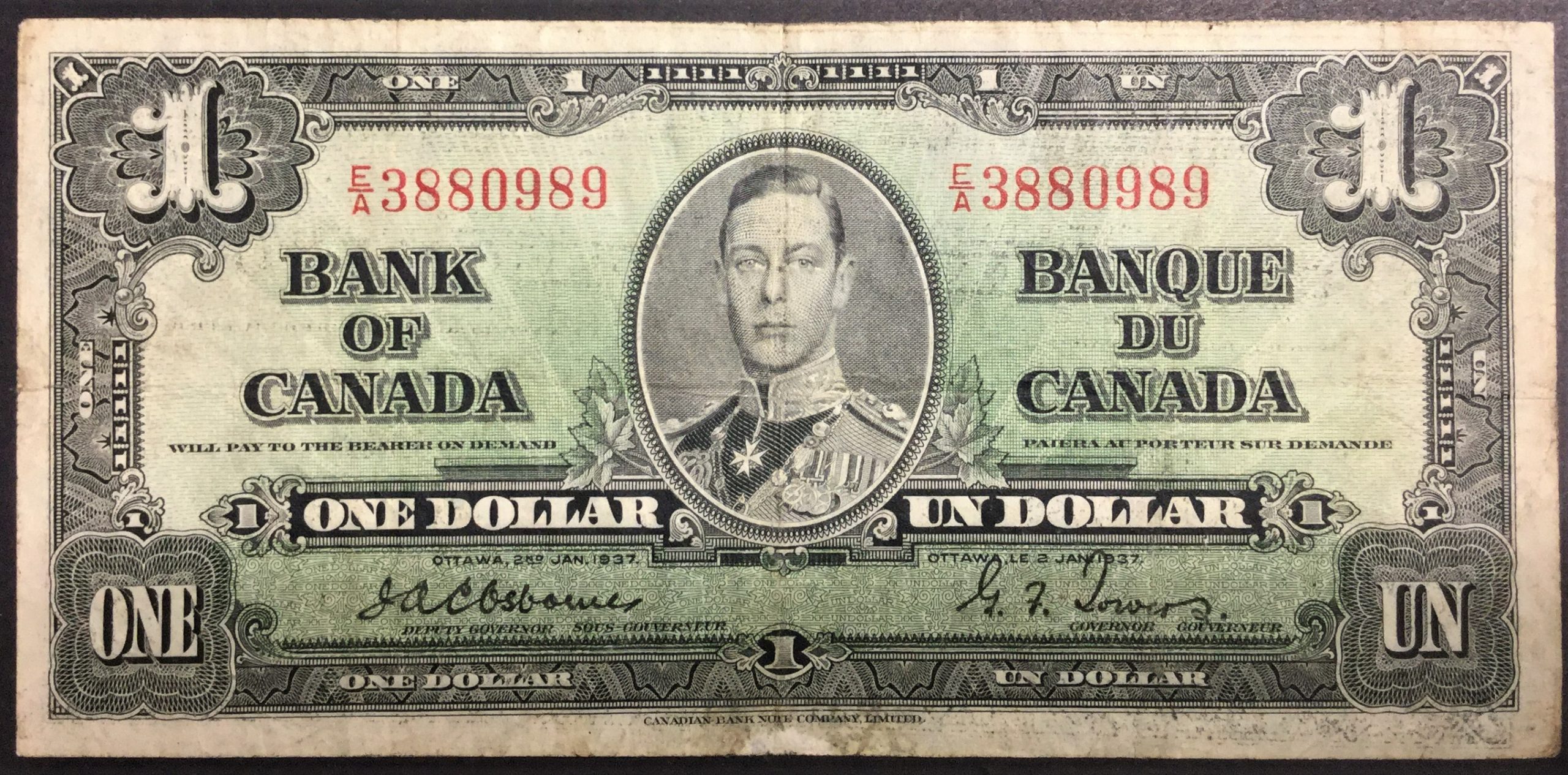 1937 Bank of Canada $2 -BC-21a Osborne/Towers- Serial EA3880989